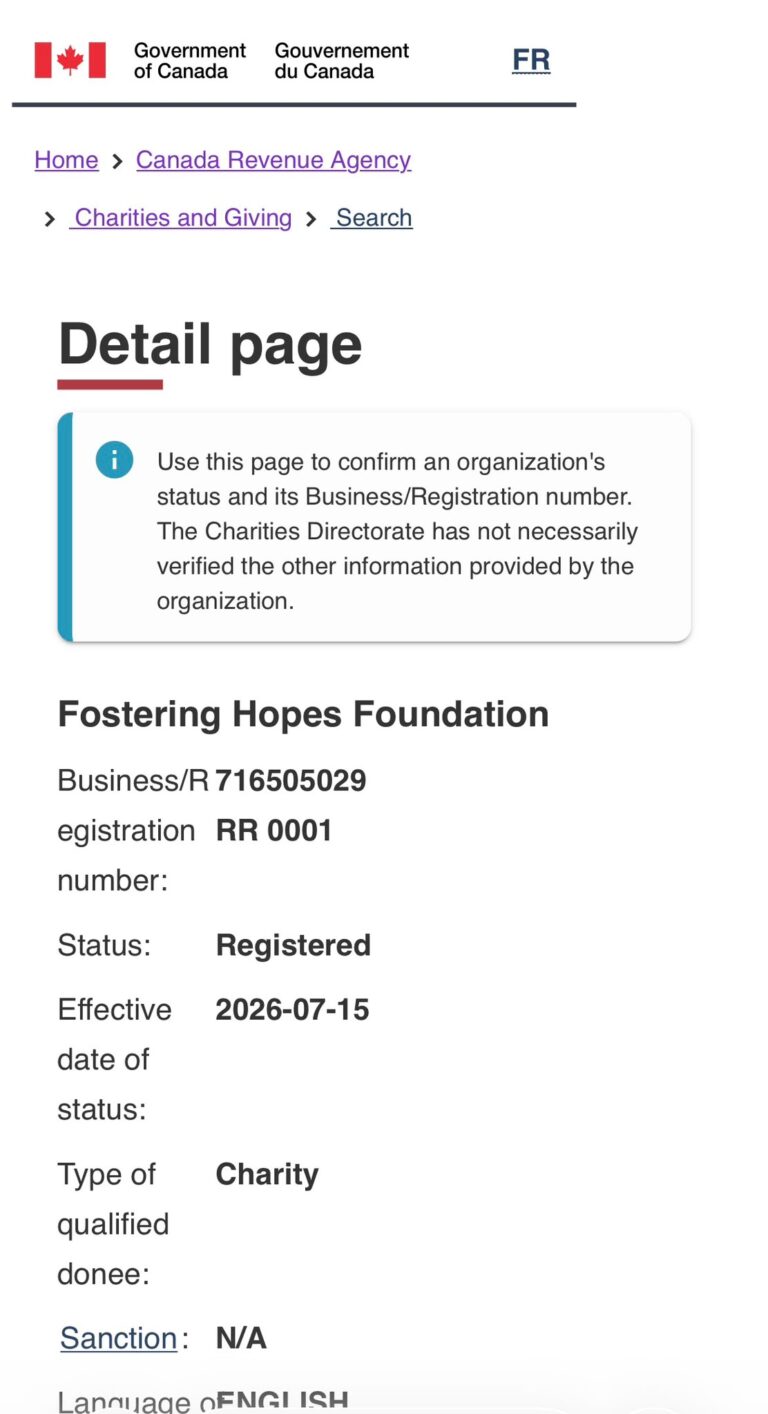 Fostering Hopes Foundation is now a registered charity in Canada! 🎉